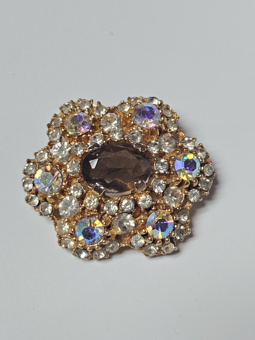 Gold-Tone Crystal Floral Brooch with Smoky Center